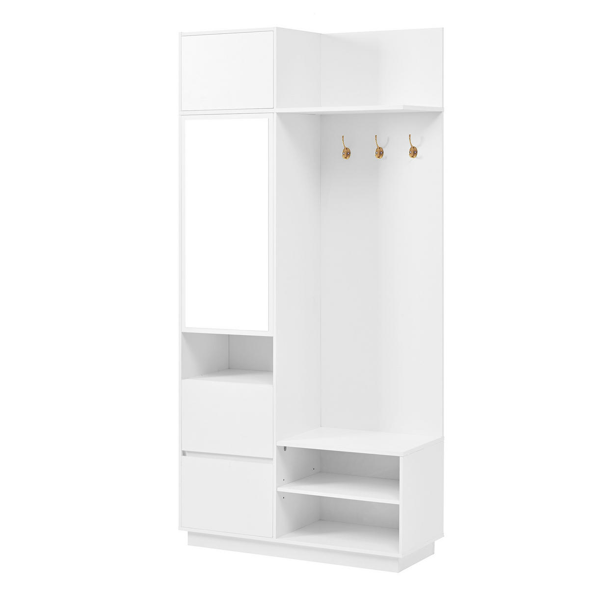 GARDEROBE Flurgarderobe Spiegel Sitzbank Schuhschrank mit Haken Schubladen - Weiß, Glas/Holzwerkstoff (90/190/34.5cm) - EVRYAE