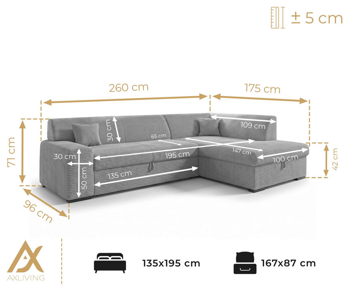 ECKSOFA L Form Minosa Rosa 260/175/71 cm Rechts mit Schlaffunktion - Pink/Schwarz, Kunststoff/Textil (175/260cm) - AX Living