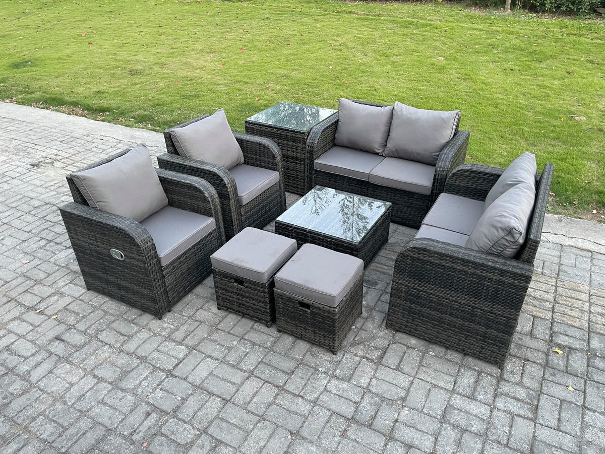 GARTENMÖBELGARNITUR Polyrattan Dunkelgrau 8-Sitzer - Dunkelgrau, Metall - Fimous