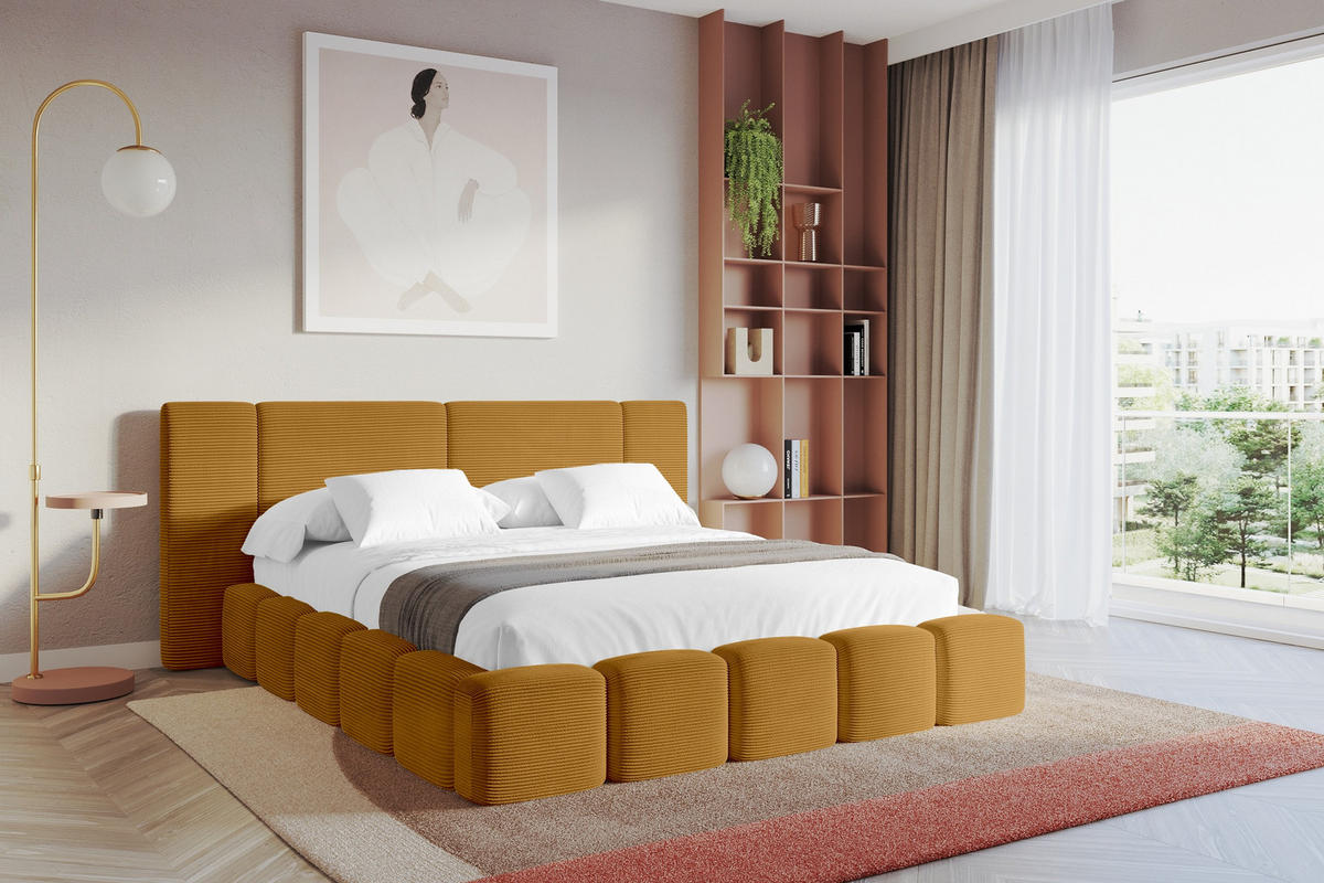 POLSTERBETT mit Bettkasten und Lattenrost, Bett mit Matratze H3/H4 - NILO 140x200 Senfgelb - Currygelb, Holzwerkstoff/Textil (140/200cm) - ALTDECOR
