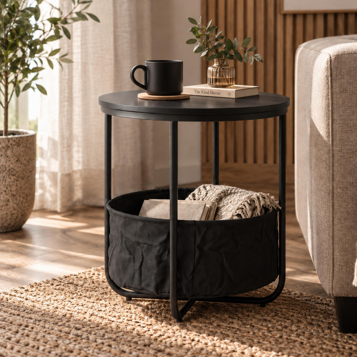 BEISTELLTISCH mit Korb rund Schwarz 45/45/50 cm - Schwarz, Metall (45/45/50cm) - SCENA LIVING