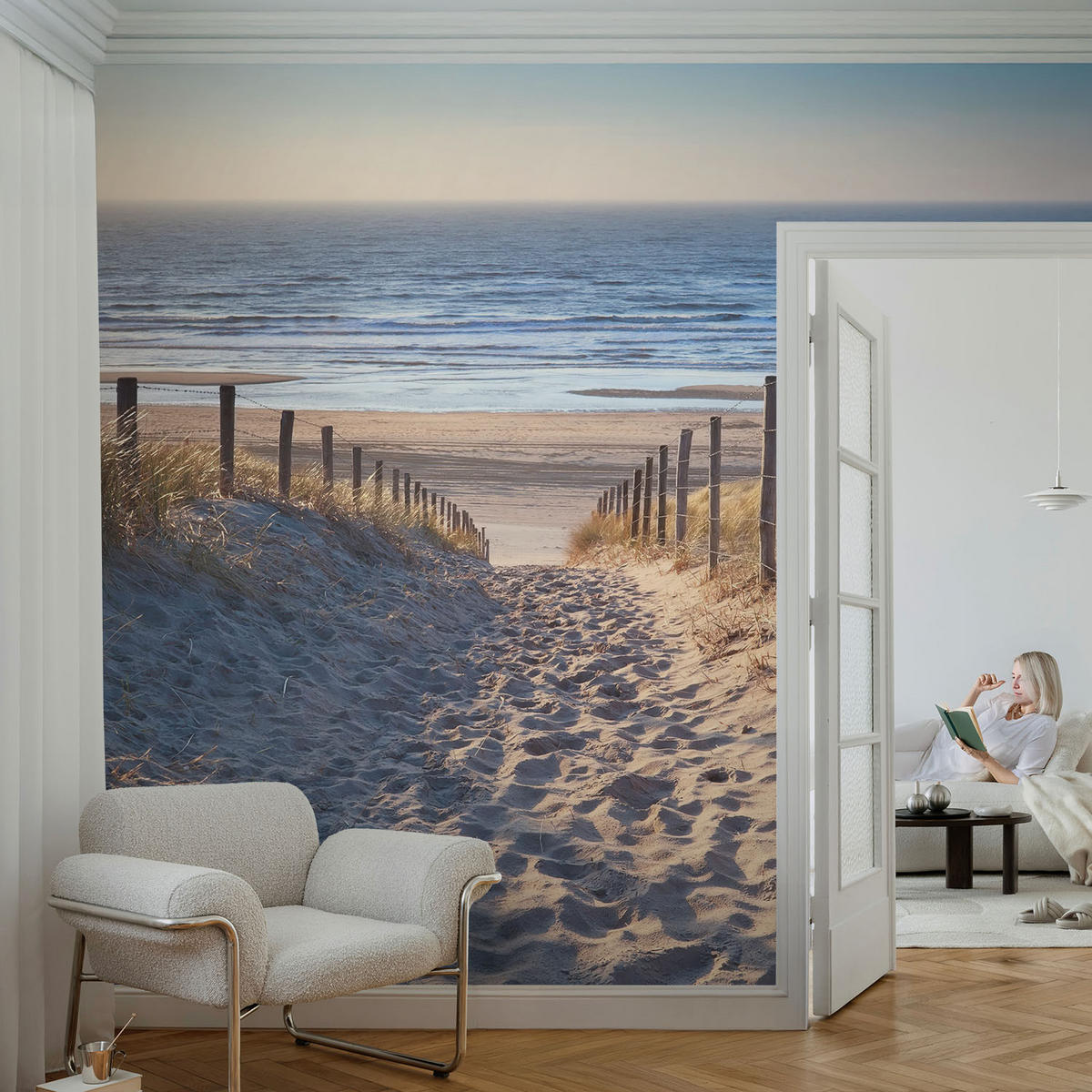 FOTOTAPETE 104x70 cm - Strandweg - Weiß, Textil (104/70cm) - Wallfluent