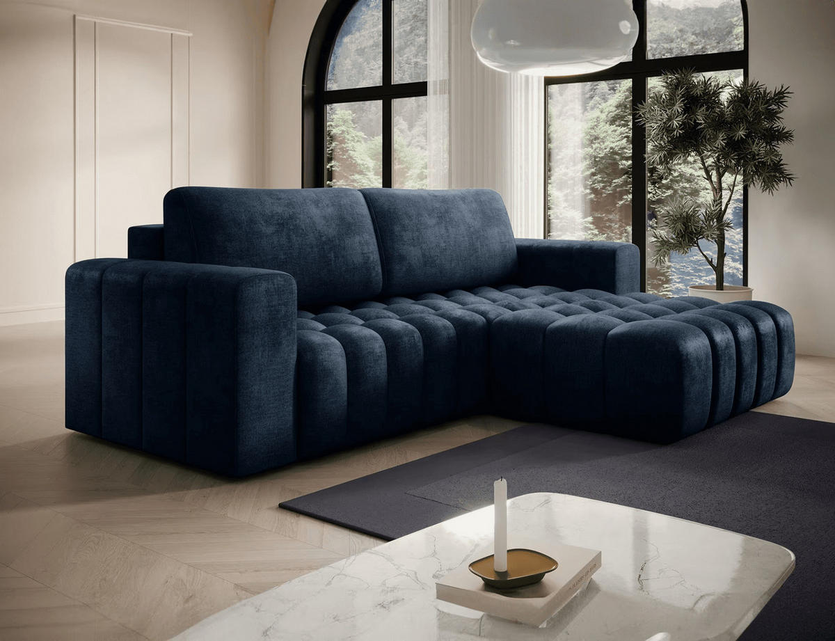 ECKSOFA mit Schlaffunktion und Bettkasten, Velours-Stoff - Schwarz/Dunkelblau, Textil (175/250cm) - Eltap