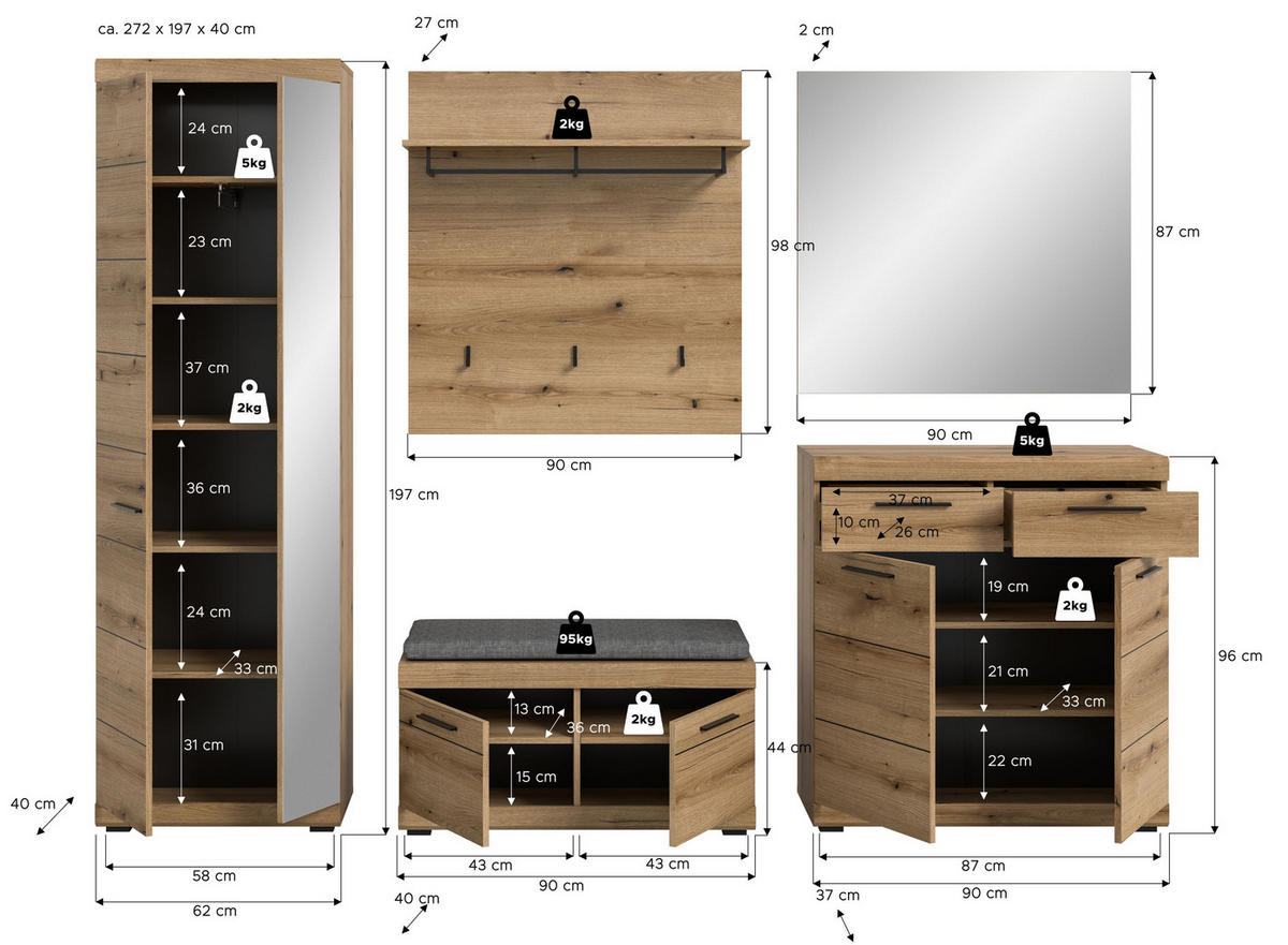 GARDEROBEN-SET inkl. Sitzkissen SCOUT 6-tlg. (B/H/T: ca. 272/197/40 cm) in Evoke Oak Nachbildung/Evoke Oak Nachbildung - Eichefarben, Holzwerkstoff (272/197/40cm)