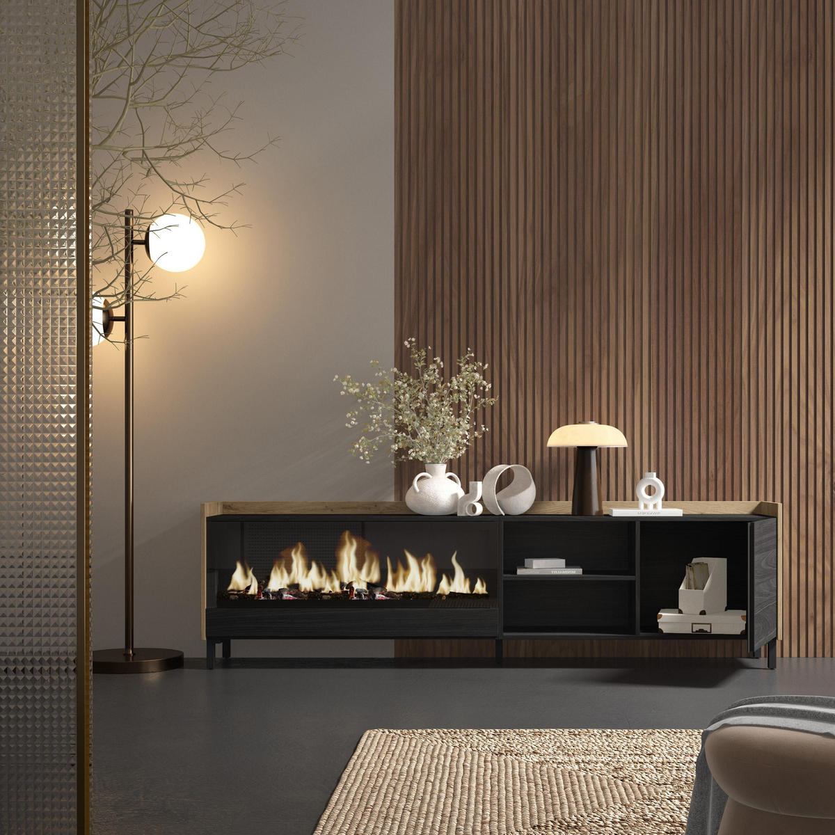 LOWBOARD, Schwarz und Eiche, 212/35/61cm, Kamin mit Feuereffekt XXL - Schwarz, Holzwerkstoff (212/61/35cm) - Skraut Home