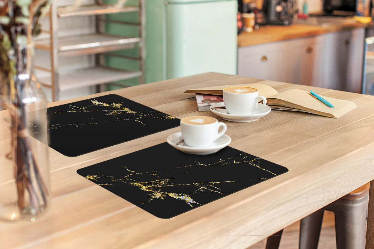 PLATZSETS 6er-Set Marmor - Schwarz - Gold - Luxus 45x30 cm Tischset - Goldfarben, Kunststoff (0.3/45/30cm) - MuchoWow
