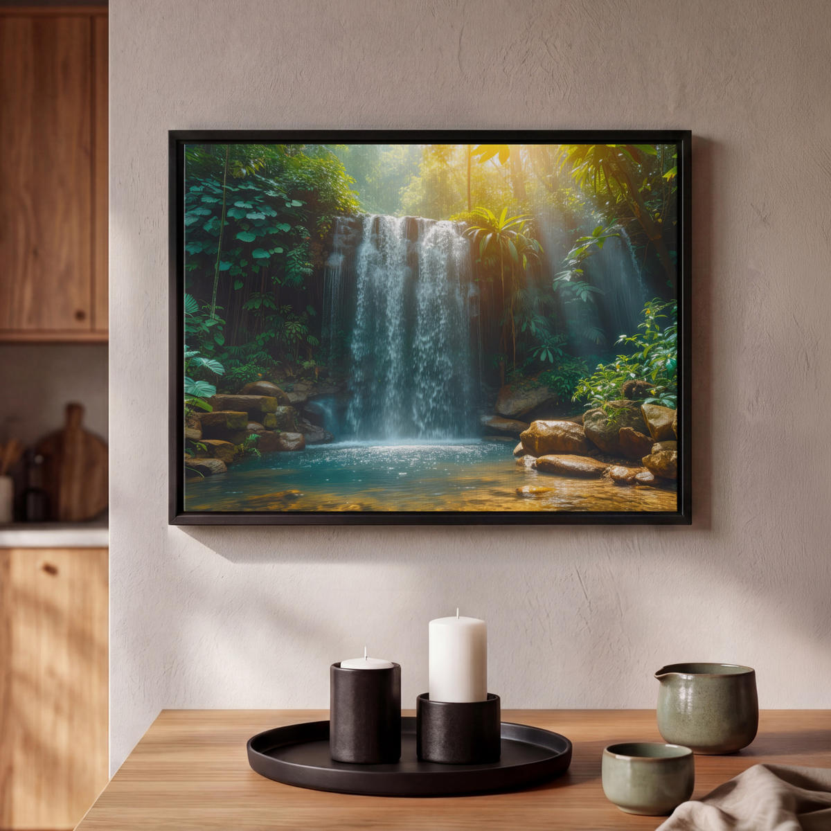 LEINWAND Bilder mit Rahmen - Wasserfall - Dschungel - Sonne - Grün - Natur - 40x30 - Grün, Textil (40/30cm) - MuchoWow