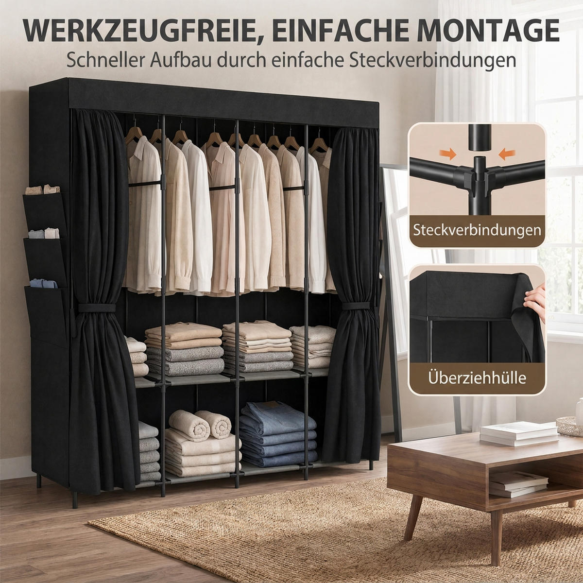 STOFF-KLEIDERSCHRANK Vliesstoff Stahl Schwarz - Schwarz, Textil (45/167/170cm) - HOMCOM
