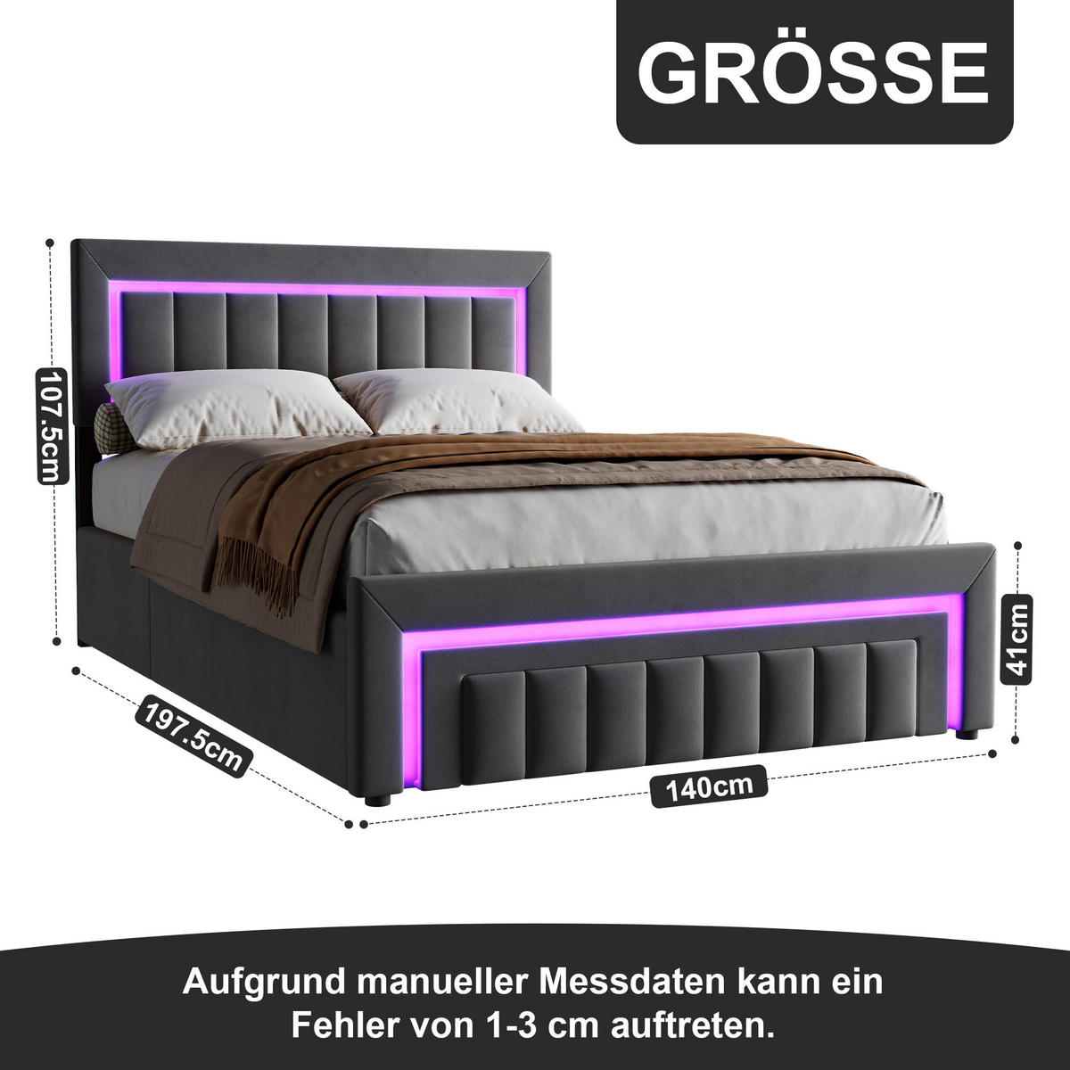 POLSTERBETT 140/190 mit Bettkasten und Schubladen , mit LED, ohne Matratze - Grau, Holzwerkstoff/Textil (140/190cm) - STILVORA