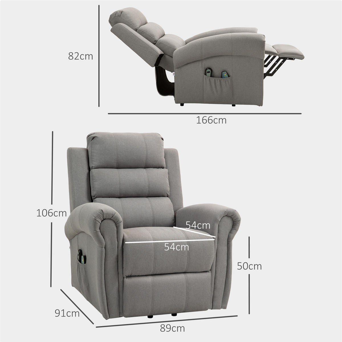 FERNSEHSESSEL elektrisch Aufstehhilfe Massage Heizfunktion - Grau, Textil (89/106/91cm) - Kaket