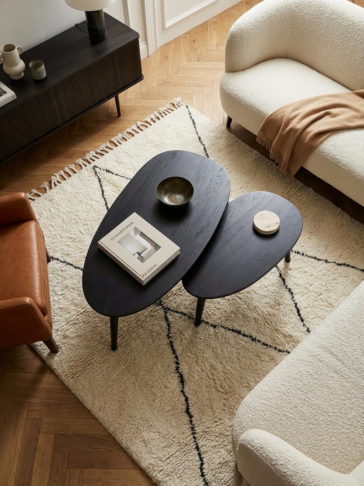 COUCHTISCH 2er Set Massivholz Nierenform Retro Handgefertigt, Schwarz 100x50x42 cm - Schwarz, Holz (50/100/42cm) - KADIMA DESIGN