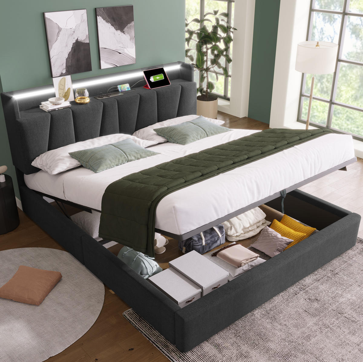 POLSTERBETT 140/200 cm mit LED-Beleuchtung, Bettkasten und USB-Ladefunktion - Grau, Textil (140/200cm) - BEAOK