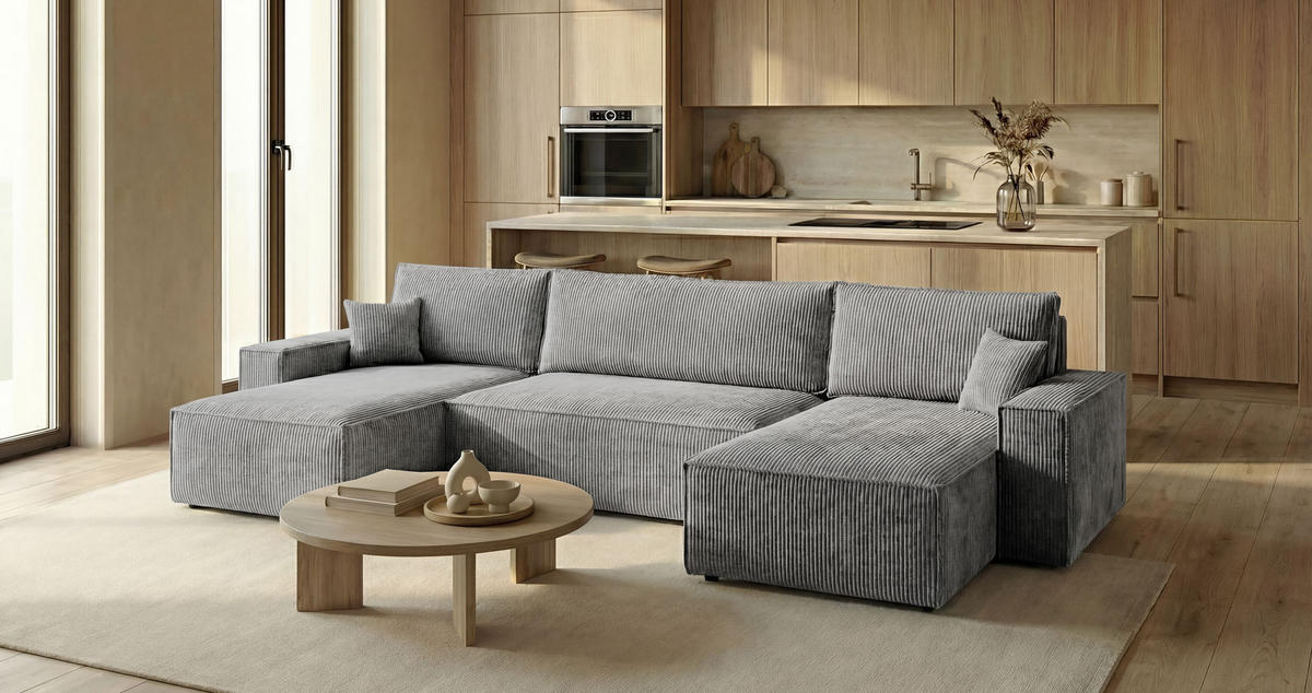 SEDACÍ souprava CALIFORNIA MINI tvar U šedá manšestr Poso 55 - funkce spaní, úložný prostor - šedá, textil (312/85/142cm) - Cornero
