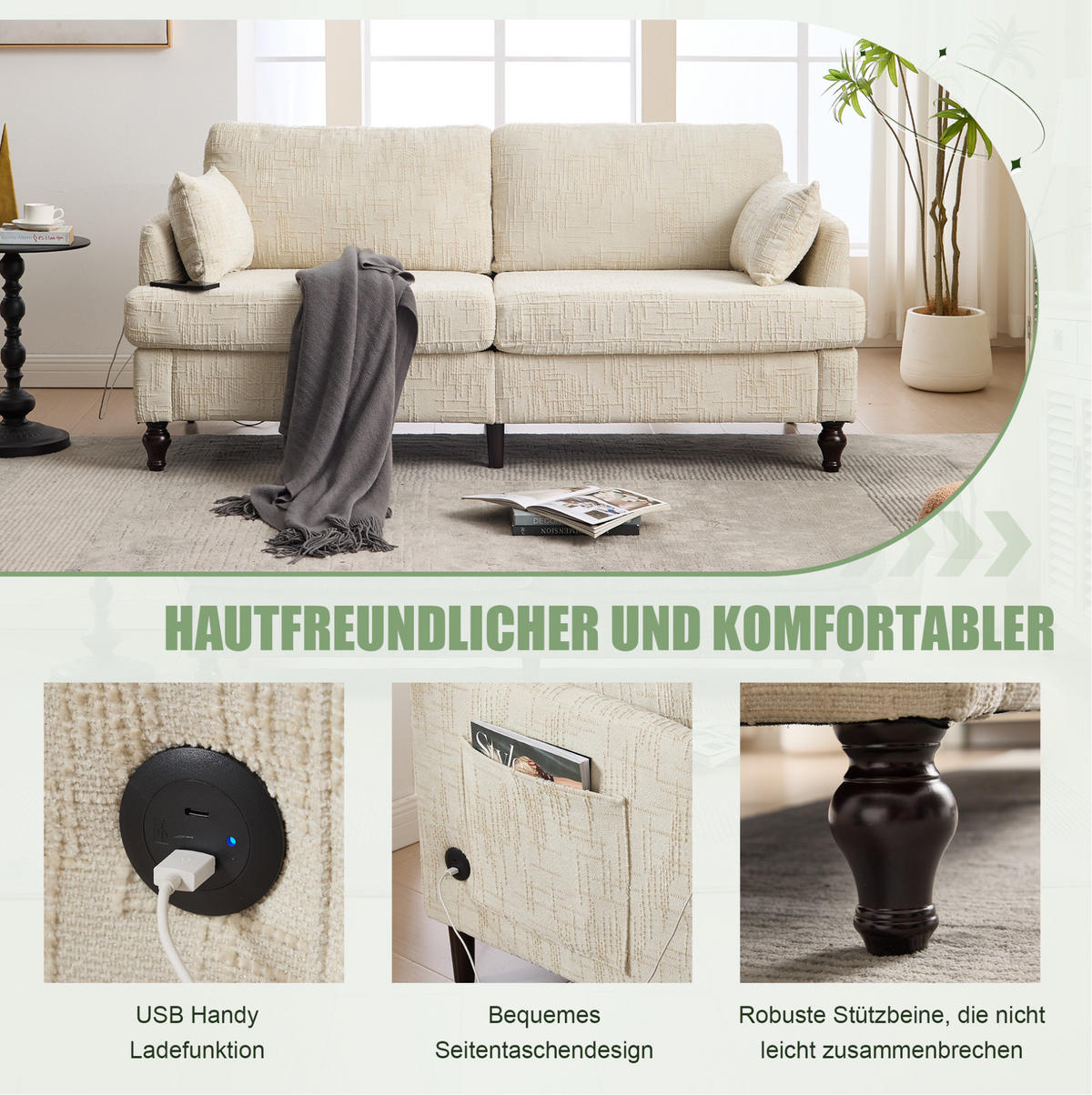 2-SITZER Sofa Chenille mit USB-Anschluss und LED-Licht 175/83/78 cm Beige - Beige, Textil (175/78/83cm) - Redom