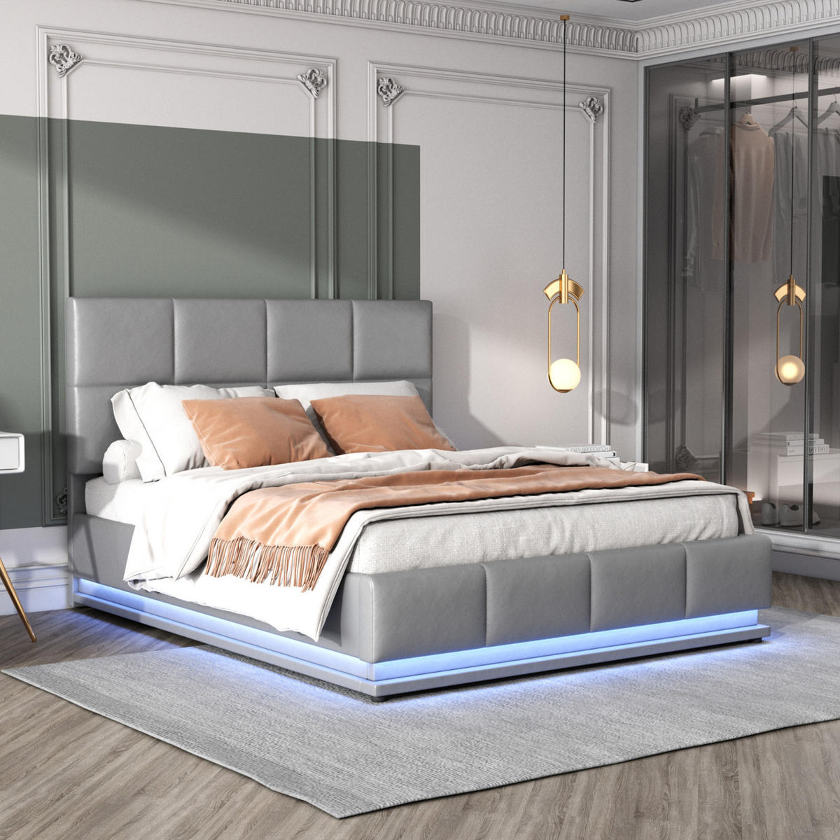 POLSTERBETT 140x200 cm, Grau, mit LED-Beleuchtung - Grau, Textil/Metall (140/200cm)