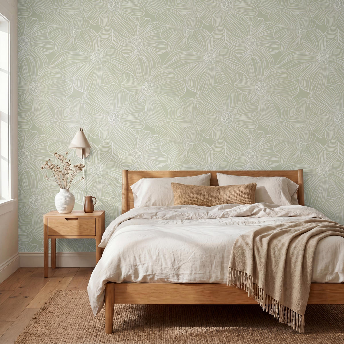 TAPETE - Gelassenheit - Blumen - Grün - 300x240 cm - Salbeigrün, Papier (300/240cm) - OnlyWow