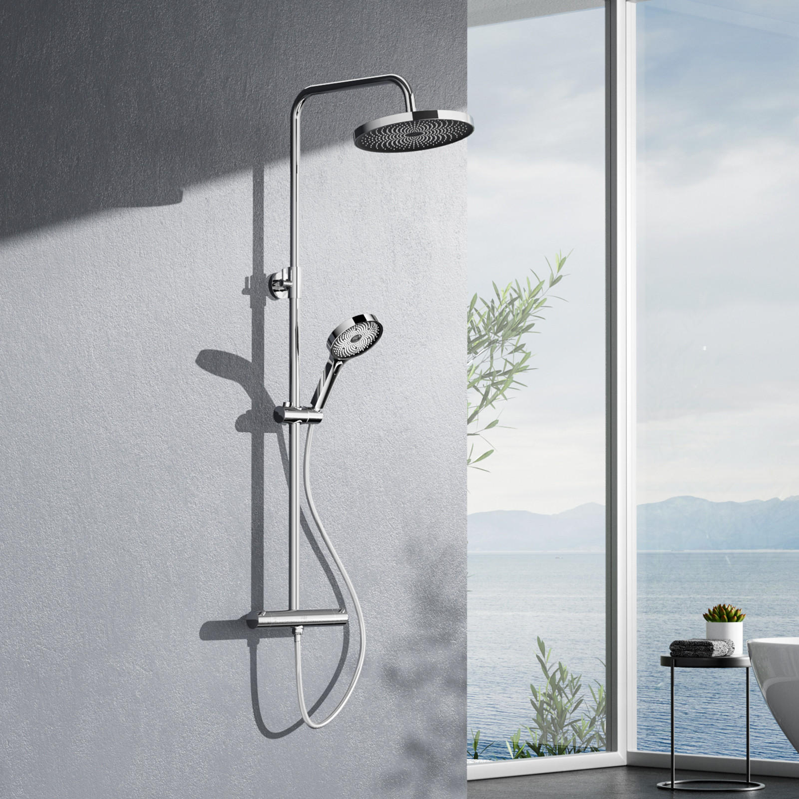 ÜBERKOPFBRAUSESET mit Runder Thermostat Chrom - Chromfarben, Metall (27/124.4/50cm) - EMKE