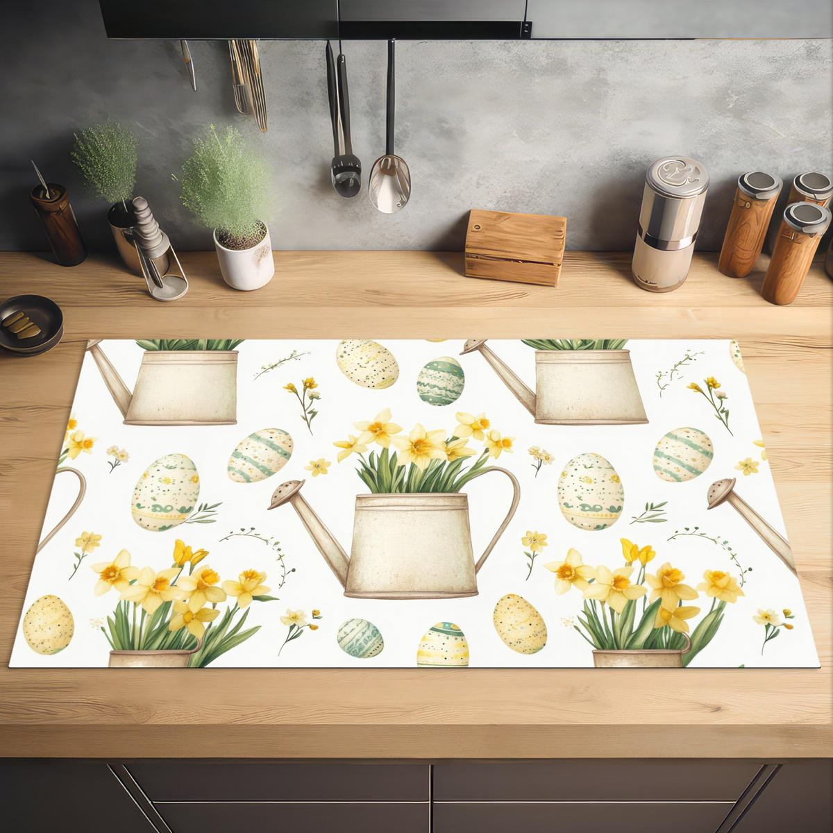 HERDABDECKPLATTE Gießkanne - Blumen - Eier Induktionsschutz 91.6x52.7 cm - Weiß, Kunststoff (91.6/52.7/0.2cm) - MuchoWow