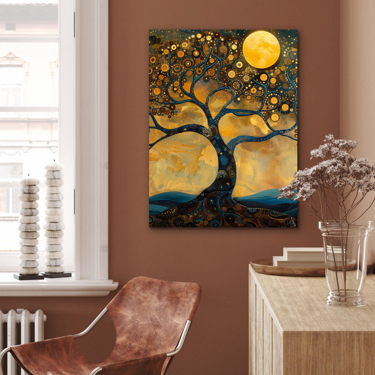 METALLBILD Baum - Mond - Blumen - Gold - Kunst 60x80 cm - Orange, Metall (60/80cm) - MuchoWow