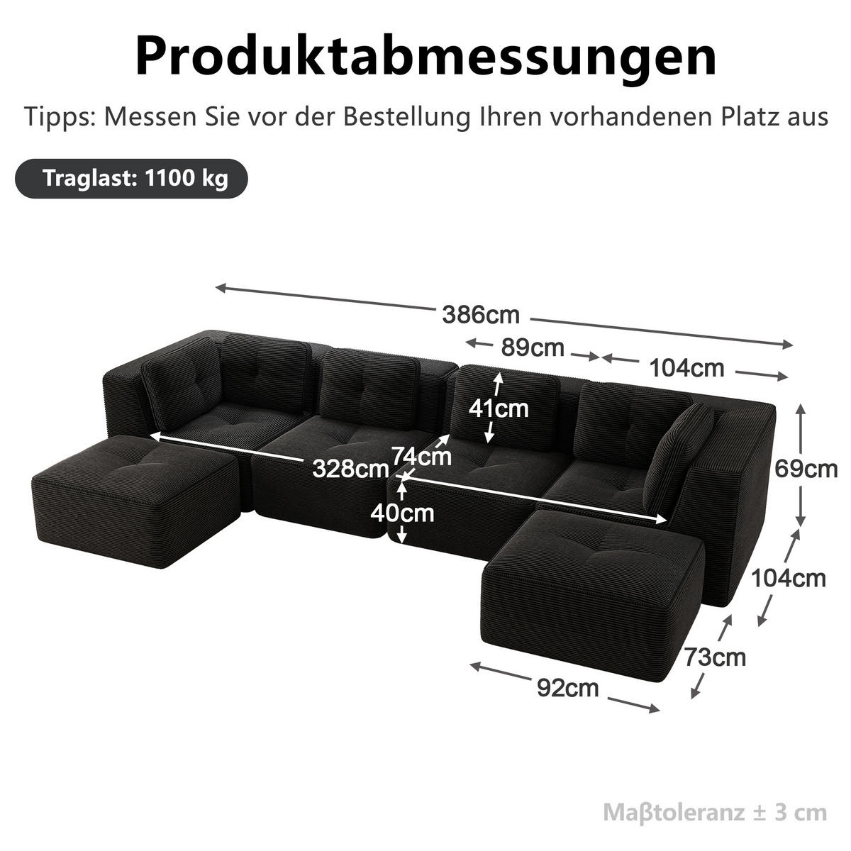 SITZGARNITUR mit Ottomane und tiefer Sitzfläche aus Cord - Schwarz, Textil (386/69/177cm) - EVRYAE