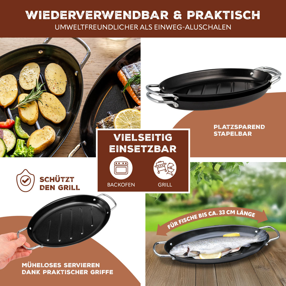 FISCH-GRILLPFANNE 2er-Set, schwarz, Metall - Schwarz, Metall (39.5/3.5/20.5cm) - bremermann