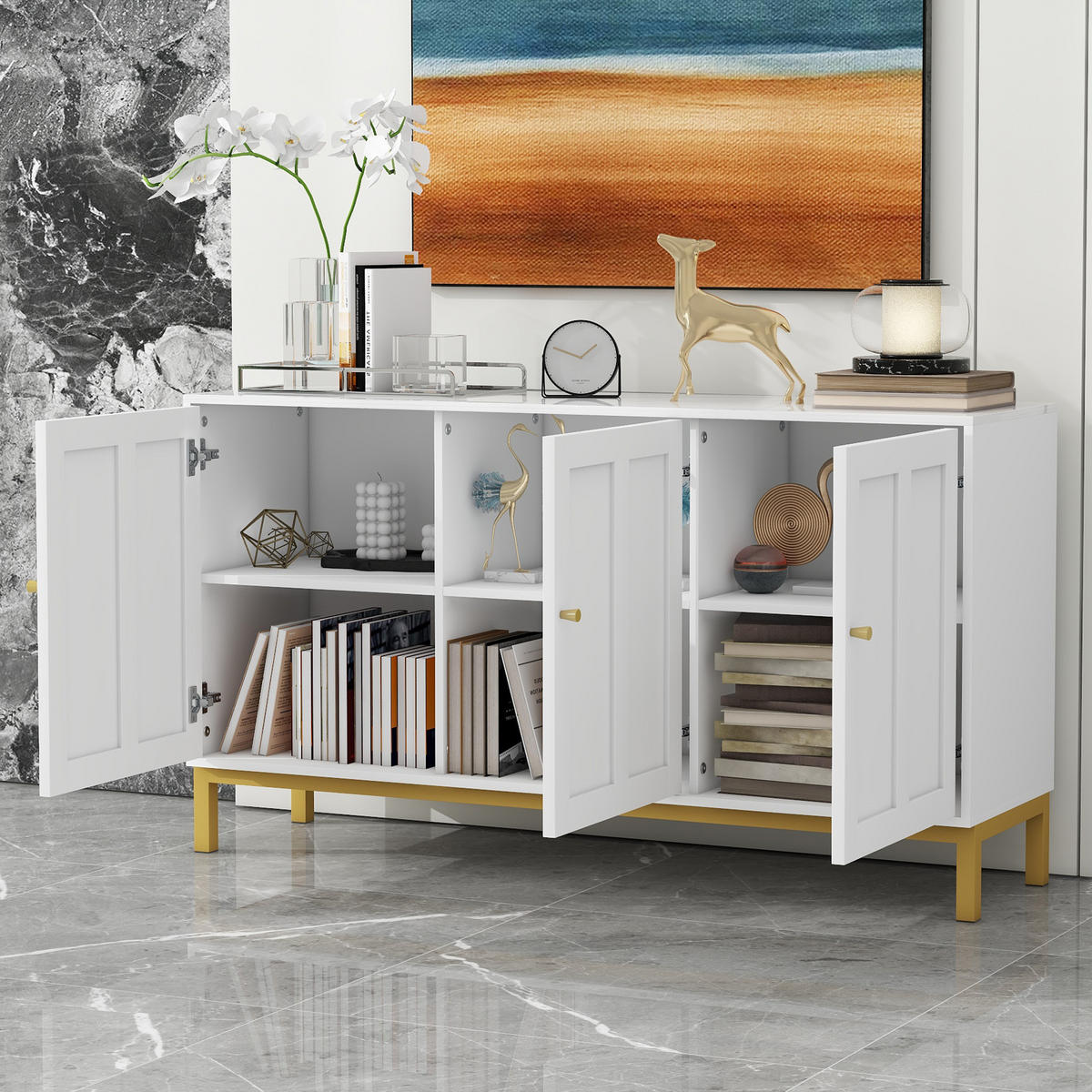 SIDEBOARD 120 cm in Weiß Kommode mit 3 Designtüren & verstellbaren Fächern - Weiß, Holzwerkstoff (140/80/39.8cm) - Urban Meuble
