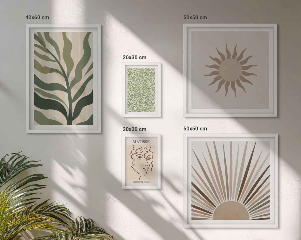 WANDBILDER 5er-Set - 50x50 cm & 20x30 cm & 40x60 cm Weißer Rahmen - Abstrakte Pflanzenmuster - Weiß, Kunststoff (40/60cm) - ArtPrintCave