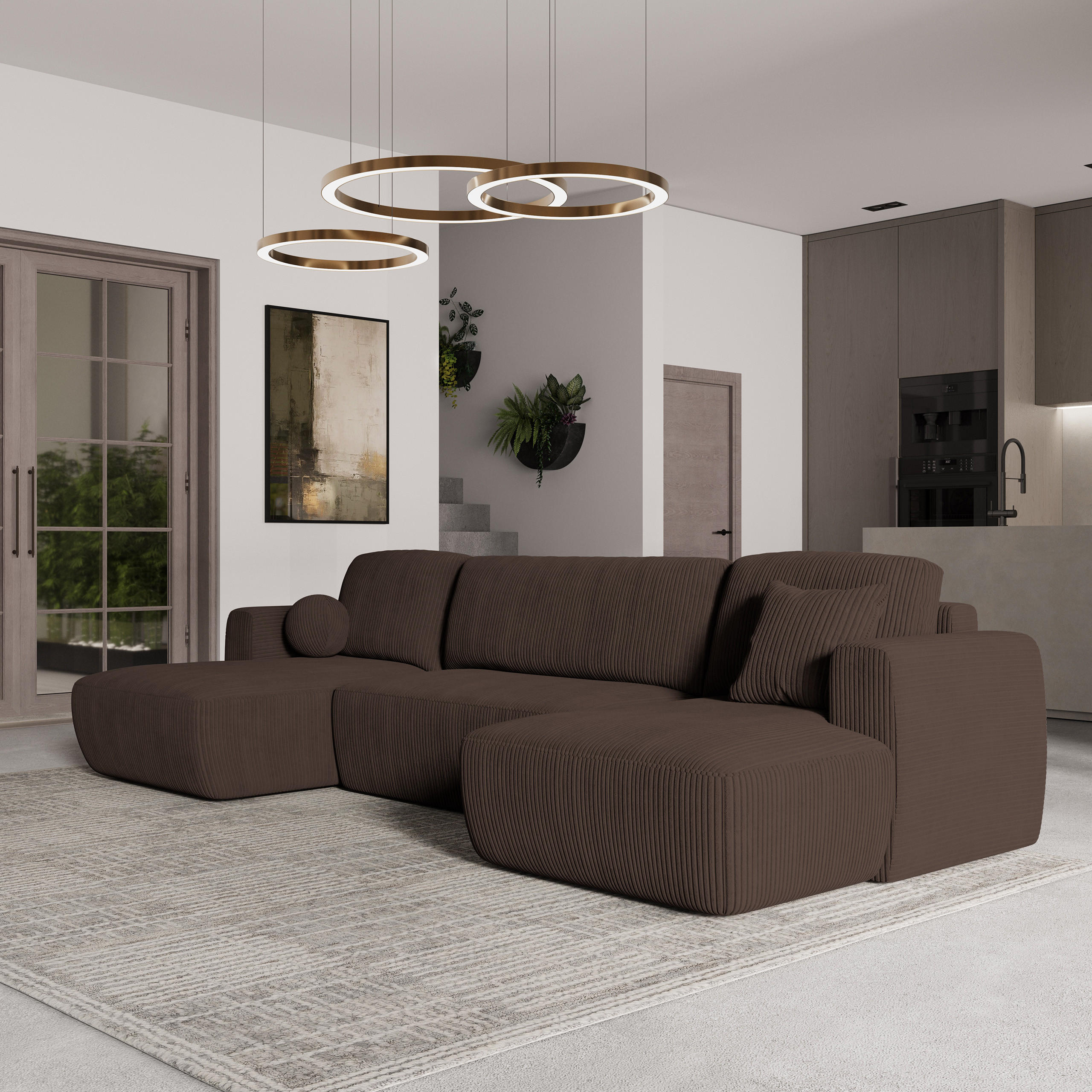 WOHNLANDSCHAFT SENTUM P Braun Kordstoff mit Schlaffunktion - Braun, Holz (330/90/148cm) - MASSENO