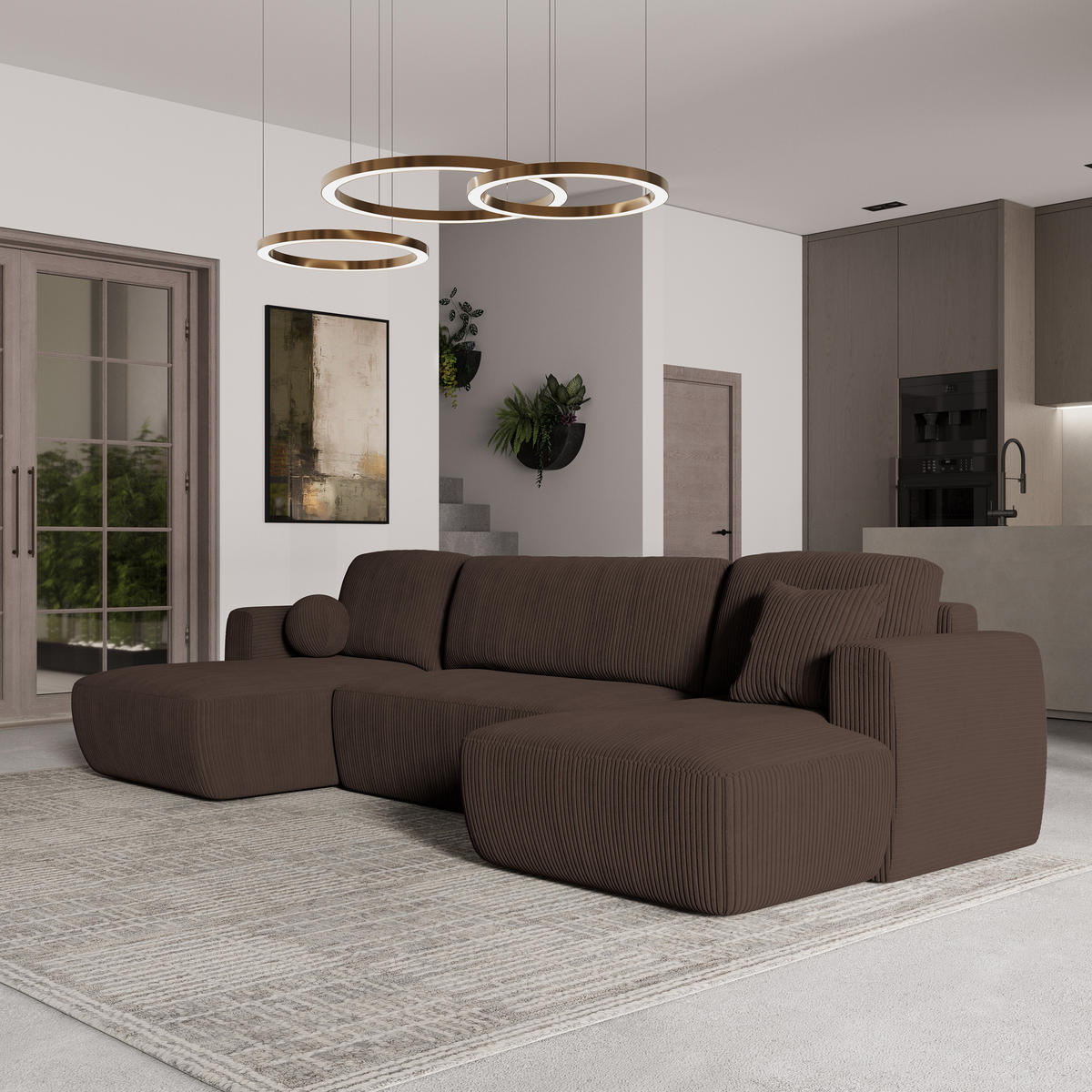 WOHNLANDSCHAFT SENTUM P Braun Kordstoff mit Schlaffunktion - Braun, Holz (330/90/148cm) - MASSENO