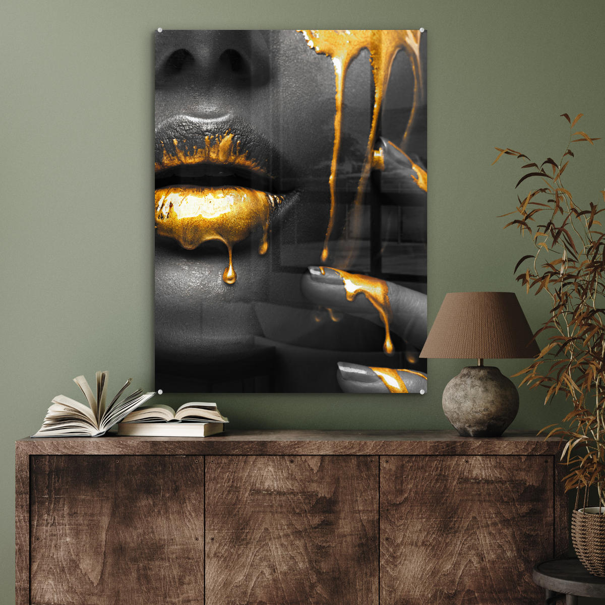 OBRAZ NA AKRYLOVOM SKLE Žena - čierna - zlatá - tvár - pery 60x80 cm - zlatá, sklo (60/80cm) - MuchoWow
