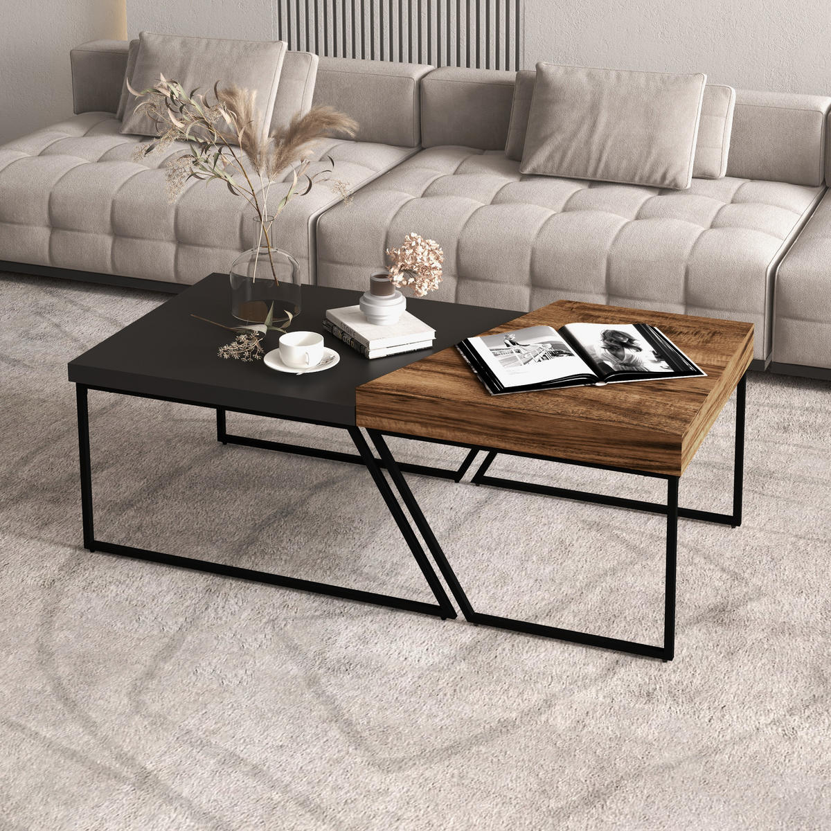 COUCHTISCH 2er Set Beistelltisch mit Stahlrahmen, Geometrischem Industriedesign - Schwarz, Holzwerkstoff/Metall (80/60/42cm) - HOMCOM