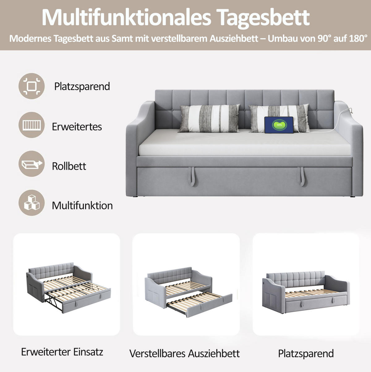 POLSTERBETT 90/190 cm aus Samtstoff mit USB-Ladeports, Hellgrau - Hellgrau, Textil (90/190cm) - OKMYHOME
