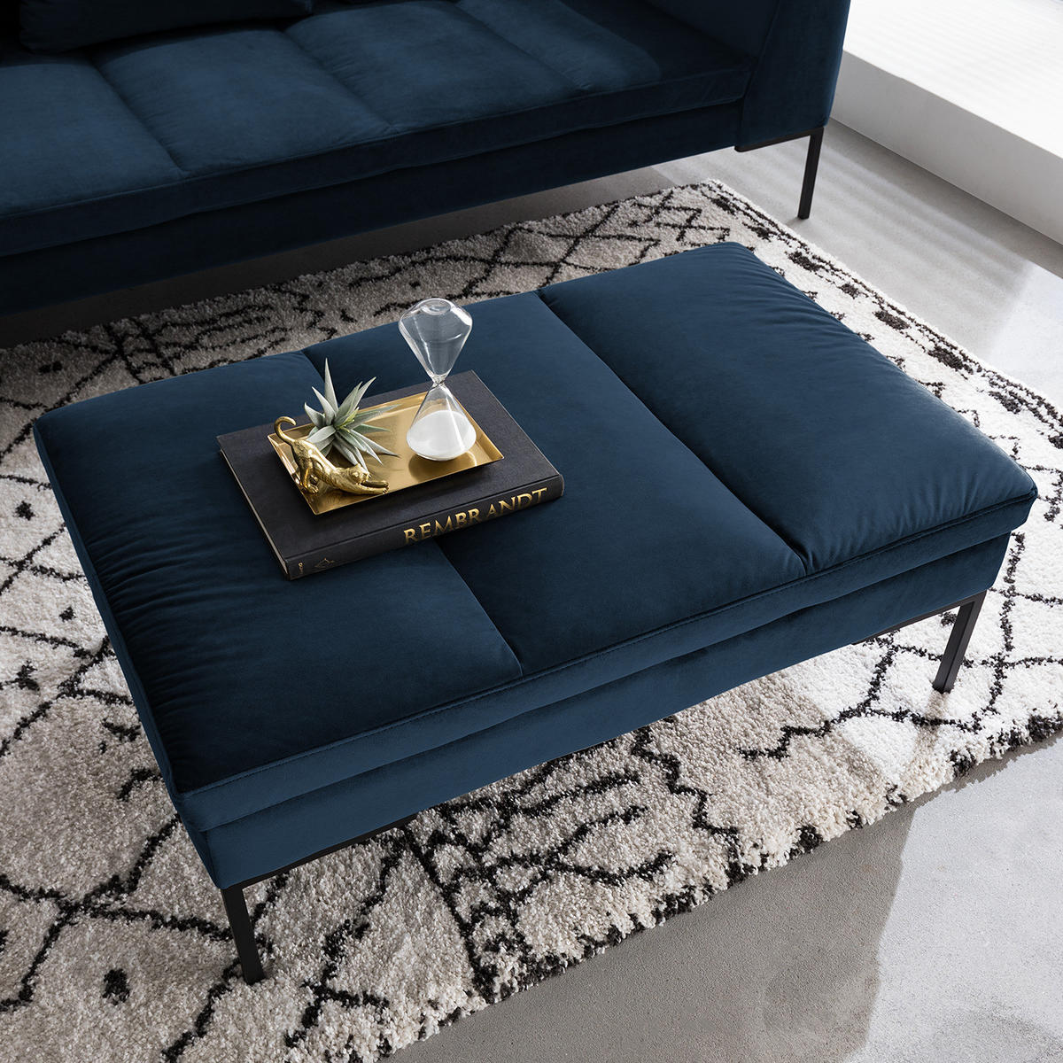 POLSTERHOCKER - Chromfarben/Dunkelblau, Textil/Metall (108/40/69cm) - home24