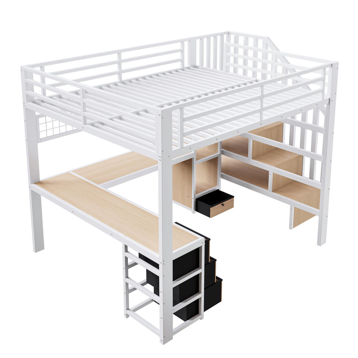 HOCHBETT 140/200 cm in Weiß mit 4 Schubladen, Schreibtisch und LED - Weiß, Holzwerkstoff/Metall (140/200cm) - STILVORA