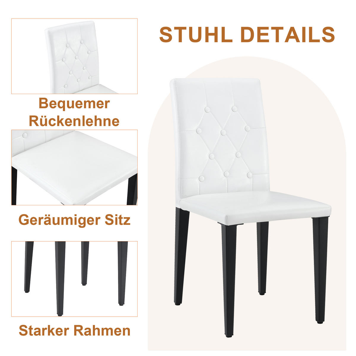ESSGRUPPE DE-39482 5-teilig, Glastisch und 4 PU-Stühlen mit Knopfverzierung Weiß - Weiß, Metall (85/75/85cm) - ComfortXL