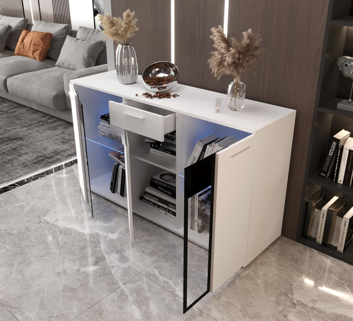 KOMMODE London LSK mit 3 Türen, Sideboard in Farbe: Weiß, Größe: 140 x 80 x 40 cm - Weiß, Holzwerkstoff (140/80/40cm) - O-Sofa