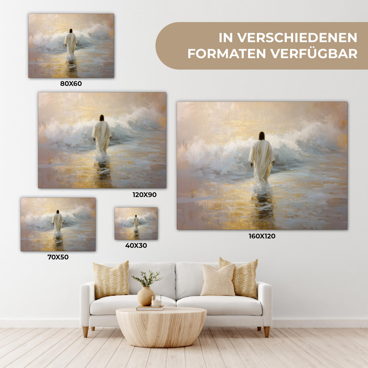 LEINWANDBILD Gemälde - Welle - Jesus - Abstrakt Wandbilder 80x60 cm - Goldfarben, Textil (80/60cm) - MuchoWow