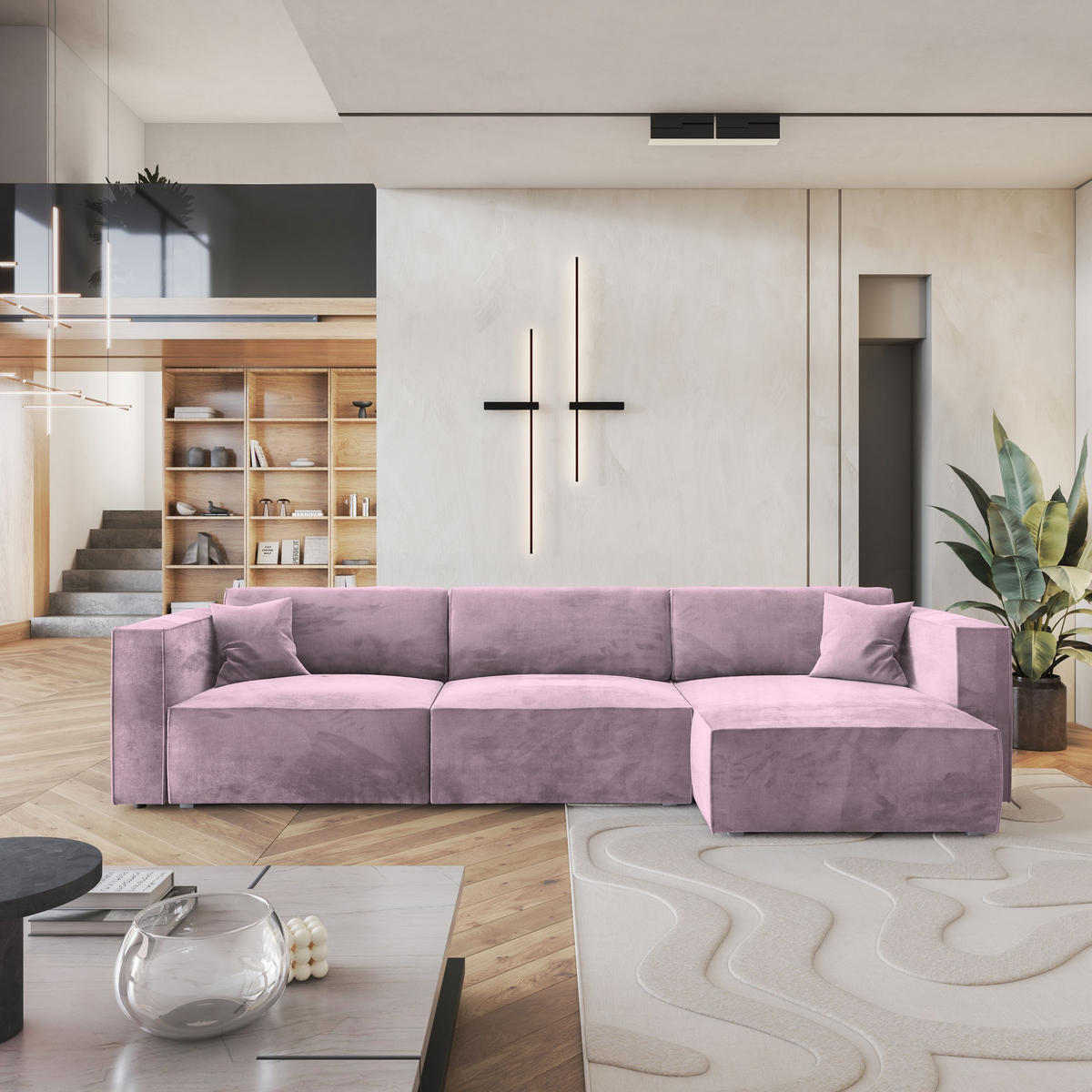 ECKSOFA TOLMO M Lila Velours-Stoff mit Schlaffunktion - Lila/Grau, Holz/Kunststoff (347/148cm) - MASSENO