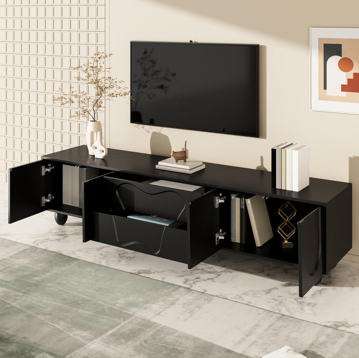TV-SCHRANK in Schwarz mit Holzbeinen 180/40/42 cm - Schwarz, Holzwerkstoff (180/42/40cm) - Redom
