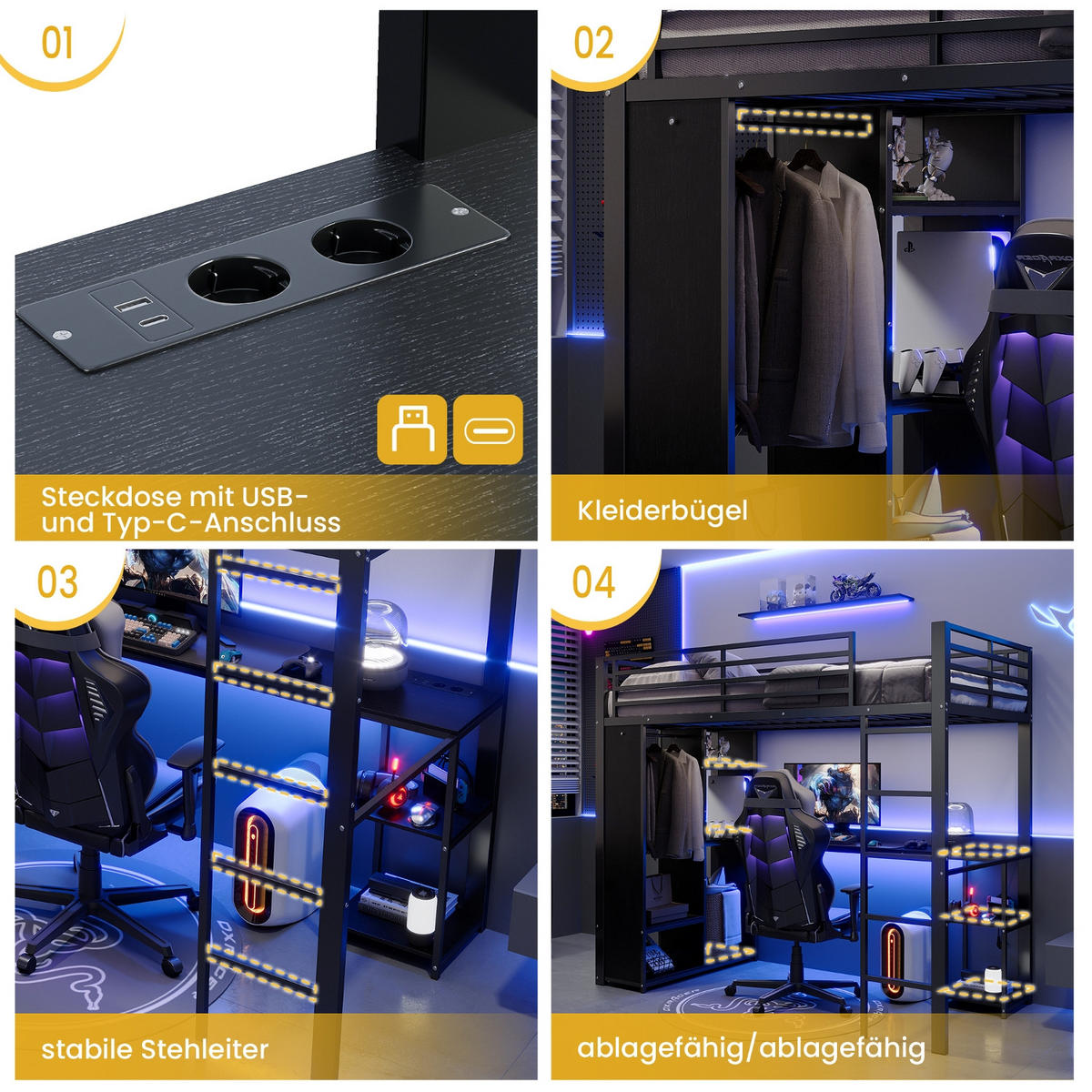 HOCHBETT 90/200 cm Schwarz mit LED-Lichtleiste, Schreibtisch und Offener Kleiderschrank - Schwarz, Metall (90/200cm) - Oxeza