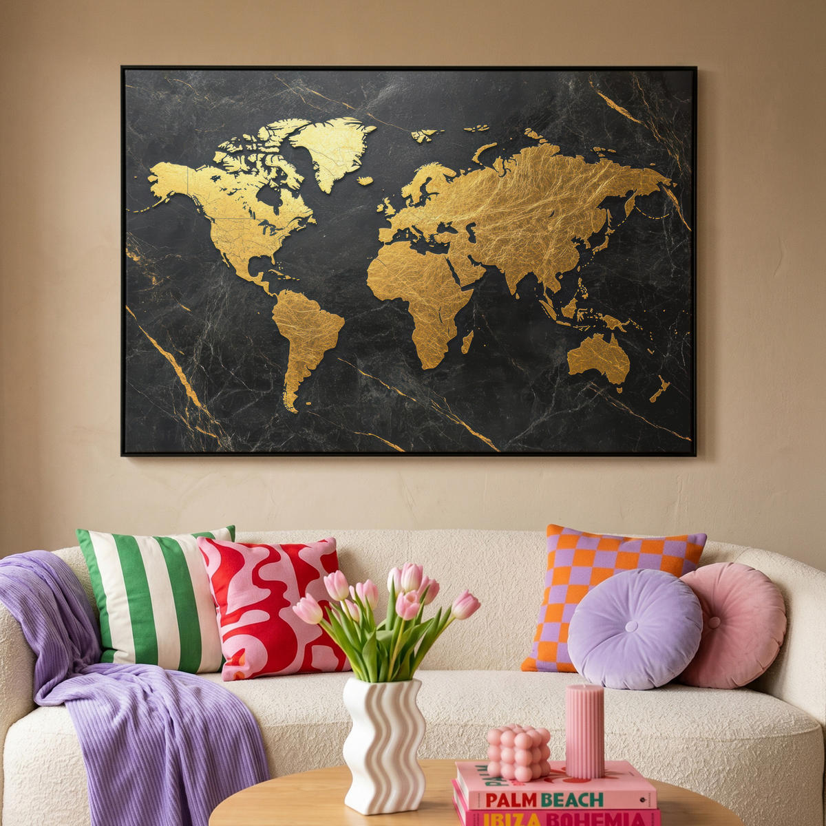 LEINWAND Bilder mit Rahmen - Weltkarte - Gold - Marmor - 150x100 - Goldfarben, Textil (150/100cm) - MuchoWow