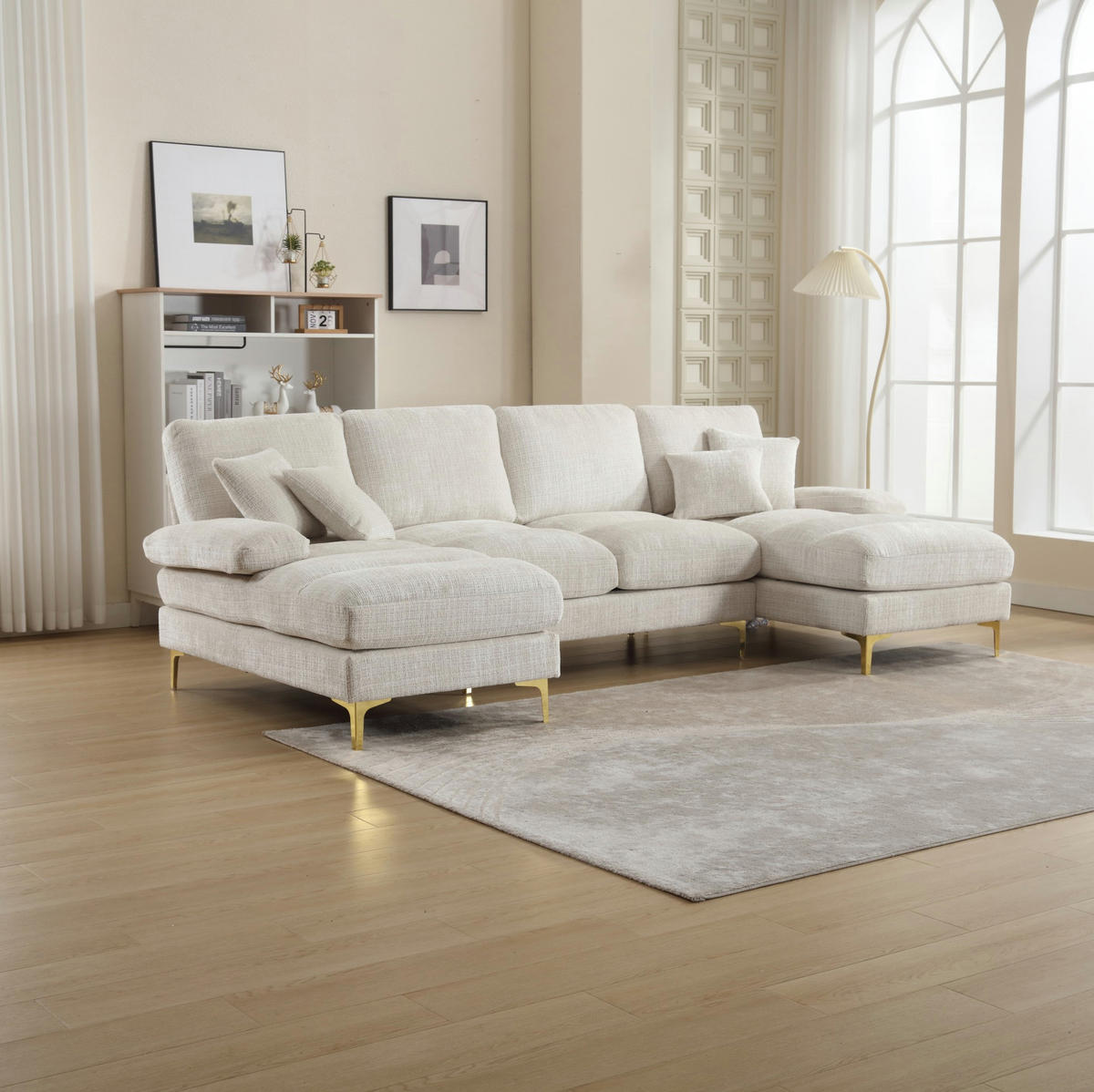 SEDEŽNA garnitura U 272/136/88 cm, chenille, bež - bež, tekstil (136/88/272cm) - Flora Grace
