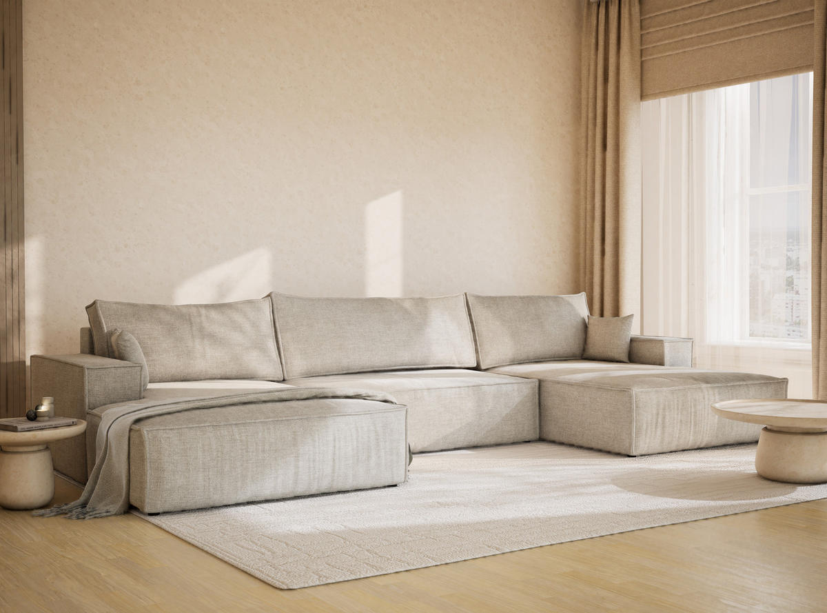 WOHNLANDSCHAFT Kyoto Grau Chenille-Stoff - Schwarz/Grau, Holz/Holzwerkstoff (398/70/148cm) - Maison de Reve