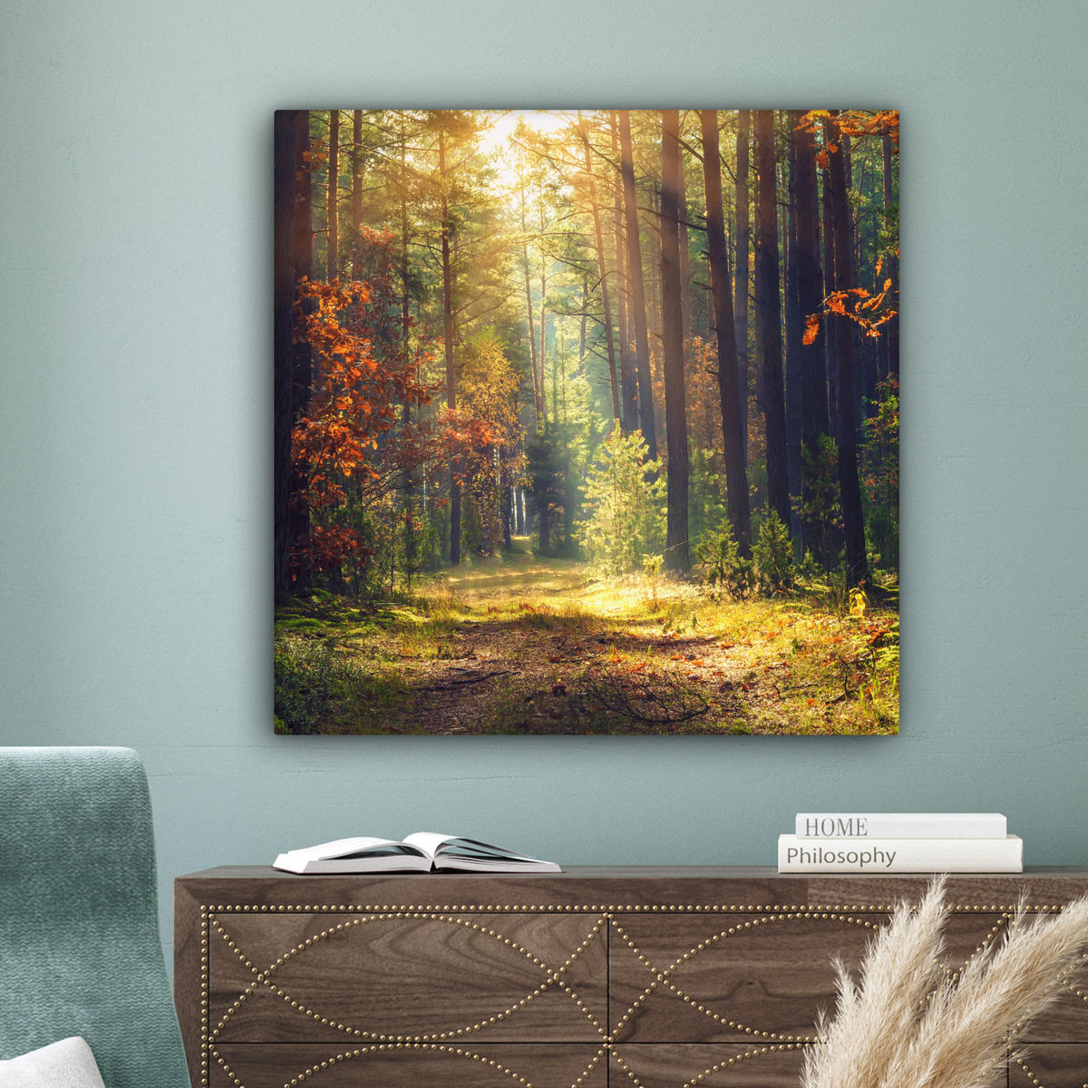 LEINWANDBILD Wald - Herbst - Bäume Deko Groß 90x90 cm - Dunkelgrün, Textil (90/90cm) - MuchoWow