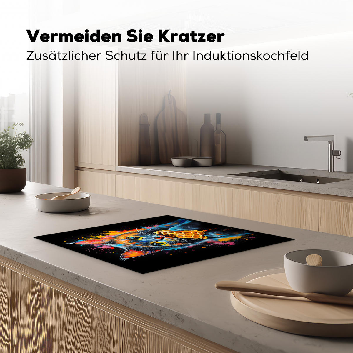 HERDABDECKPLATTE Katze - Graffiti - Bunt - Waffel - Essen Herdabdeckung Induktionsfeld 60x52 cm - Multicolor, Kunststoff (60/52/0.2cm) - MuchoWow