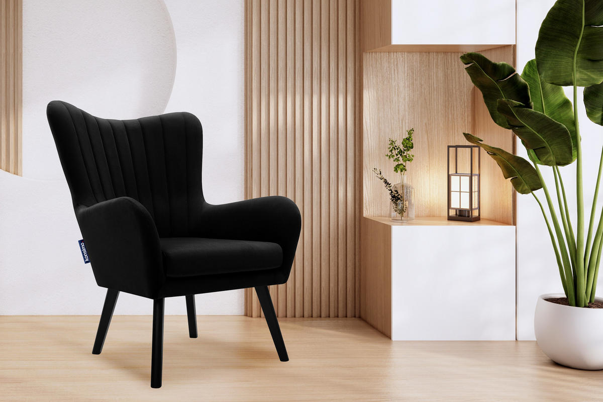 OHRENSESSEL GADI Velourstoff, Schwarz - Schwarz, Holz/Textil (76/100/78cm) - KONSIMO®