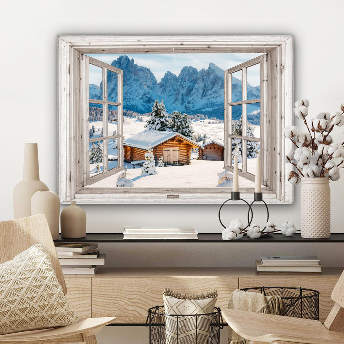 LEINWANDBILD Winterlandschaft - Hütte - Berge - Ausblicke - Aussicht - Natur Wandbilder 80x60 cm - Weiß Hochglanz, Textil (80/60cm) - MuchoWow