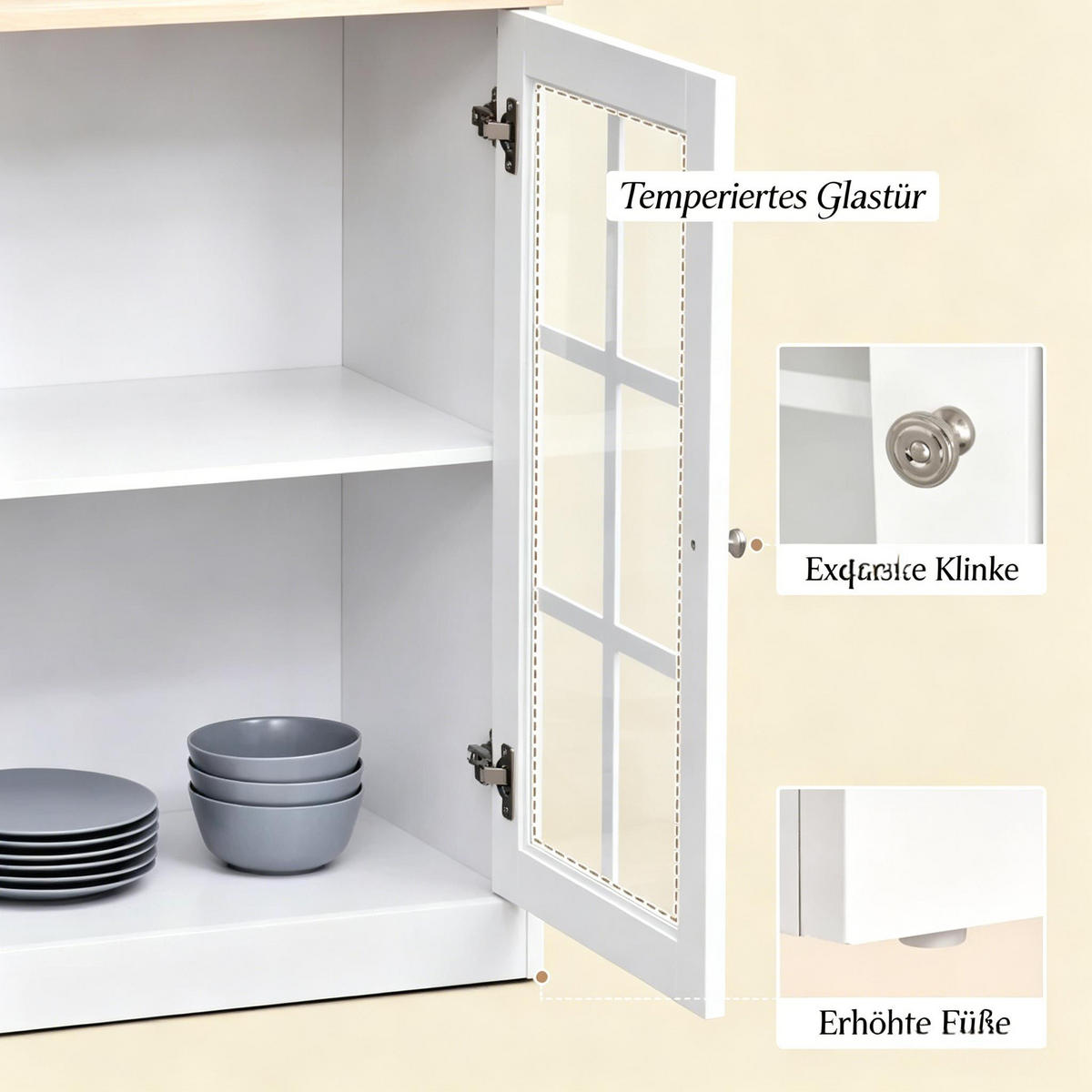 BUFFET DE-38812 80/37/183 cm, Glastüren und Arbeitsplatte Weiß - Weiß, Holzwerkstoff (80/183/37cm) - ComfortXL