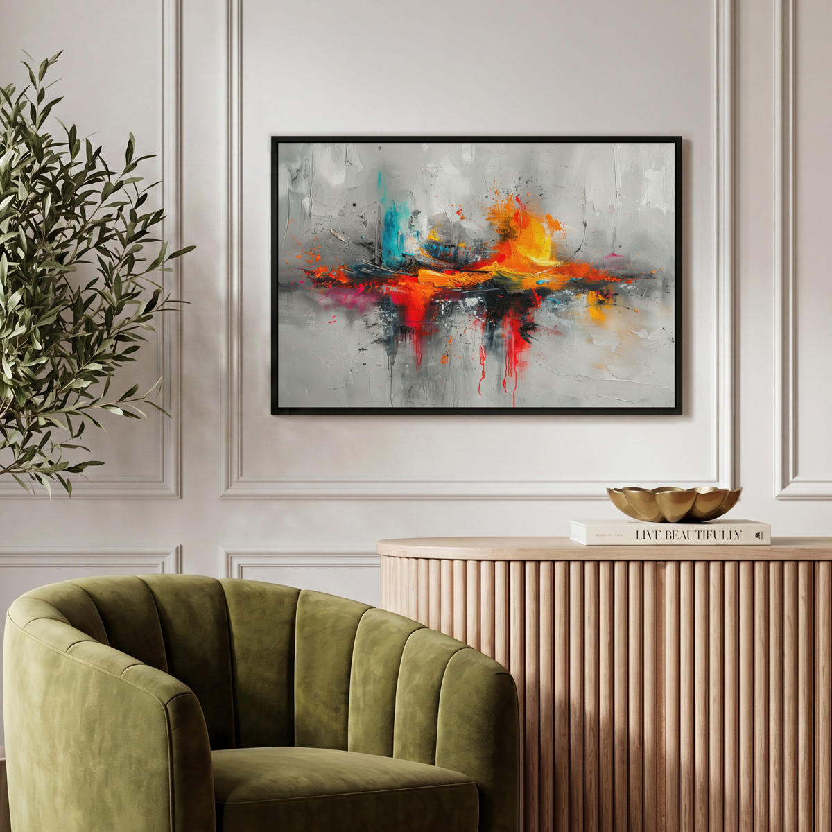 LEINWAND Bilder mit Rahmen - Moderne Kunst - Orange - Grau - Abstrakt - 60x40 - Hellgrau, Textil (60/40cm) - MuchoWow