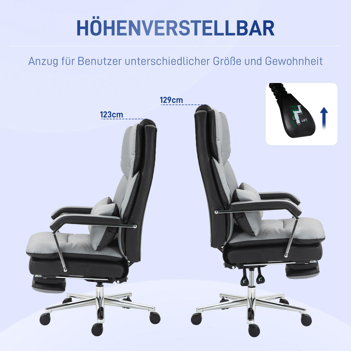 BÜROSTUHL, Ergonomischer, Grau - Grau, Leder (71/129/63cm) - HOMCOM